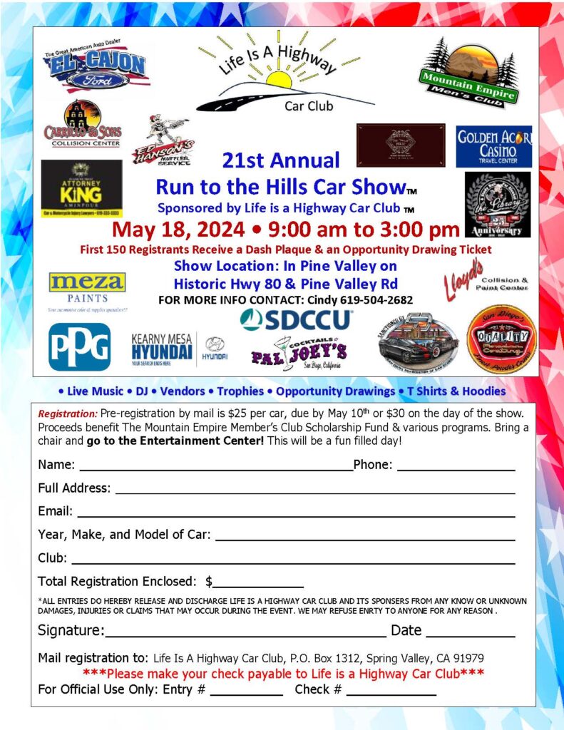 Life Is A Highway's 21st Annual Run to the Hills Car Show Flier Front page.